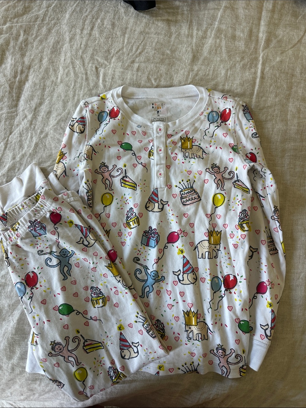 Roller Rabbit Kids White Cotton Pajama Set with Colorful Party Animals